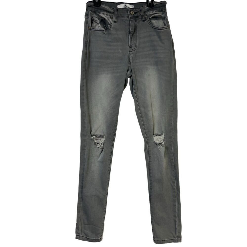 KanCan Jeans Kira High Rise Gray Denim‎ Size 26 Distressed Stretch Logo BOHO 90s